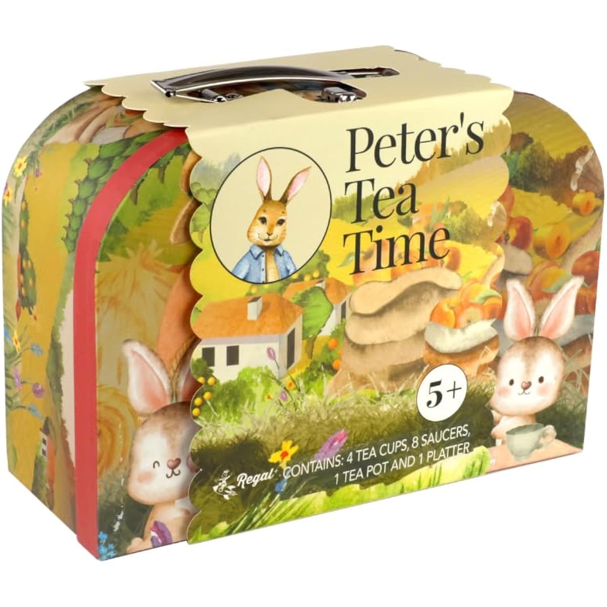 Regal Games - Peter's Tea Time - Kids Tea Party Set - Peter Rabbit Design - 4 Teacups, 4 Saucers, 1 Teapot, 1 Platter with Storage Case - Ages 5+