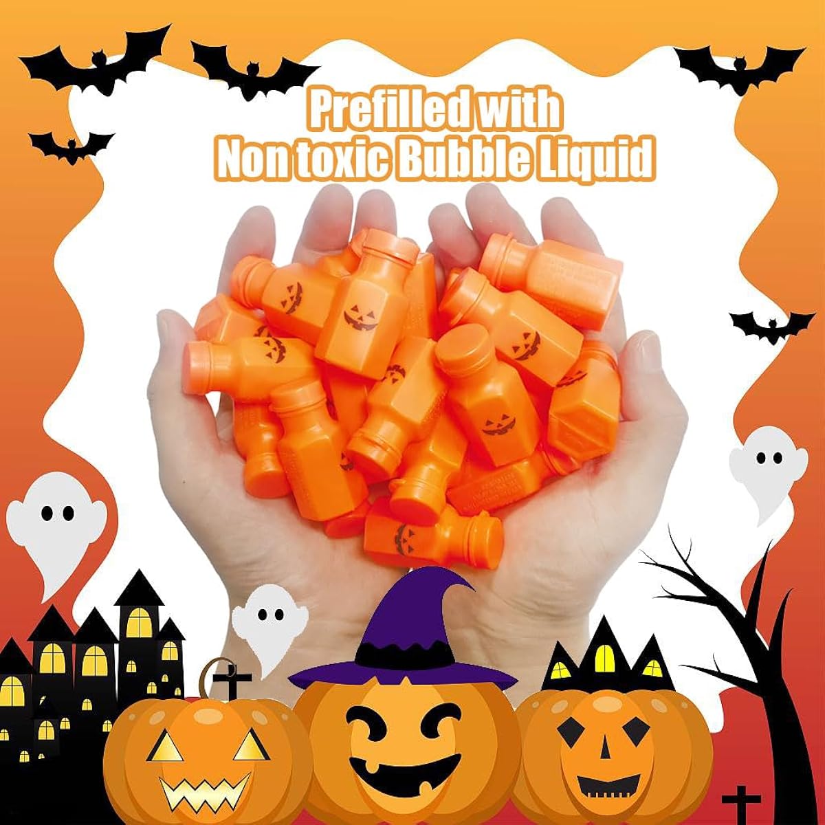 48pcs Halloween Bubble Wands Mini Pumpkin Bubble Toys for Kids Halloween Party Favors for Outdoor Indoor Activities (Halloween)