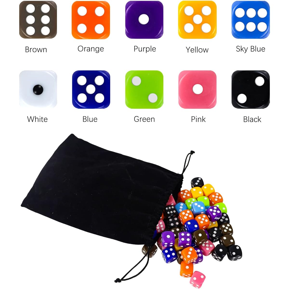 SLAKOZYT 6-sided Dice Set 16mm Opaque Acrylic Game Dice for Board Games, Dice Games, Math Games with Velvet Pouch, 10 Colors