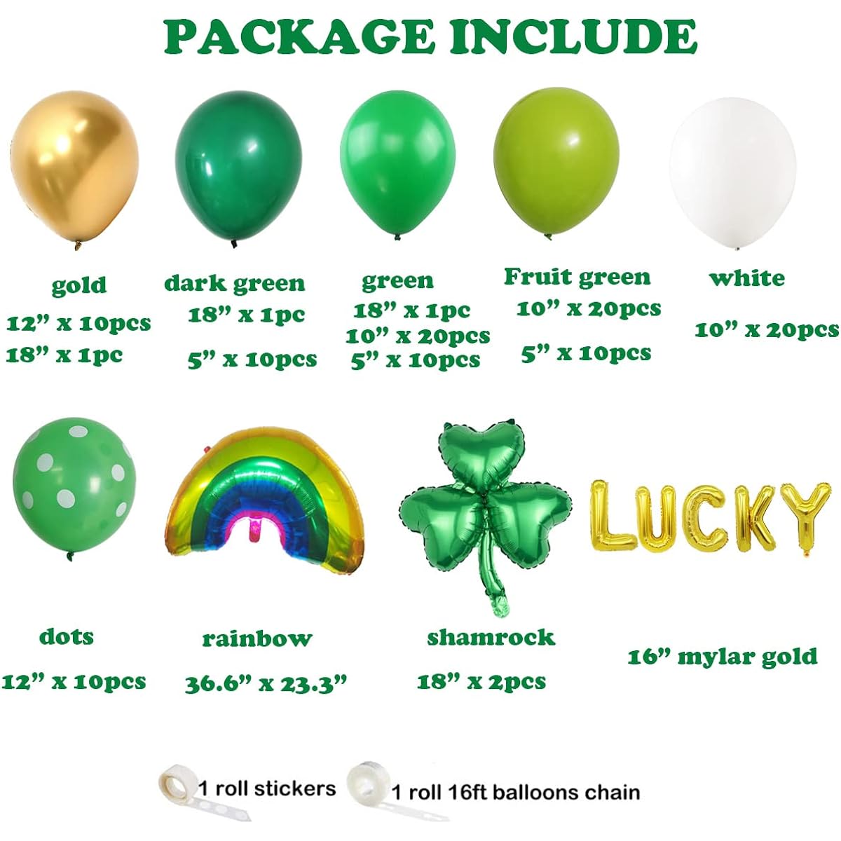 St. Patrick's Day Party Decorations Garland Irish Party Decorations Lucky Rainbow Shamrock Mylar Balloons 18" 10" 5" Latex Balloons Green Gold White Birthday Baby Shower Bachelorette Supplies