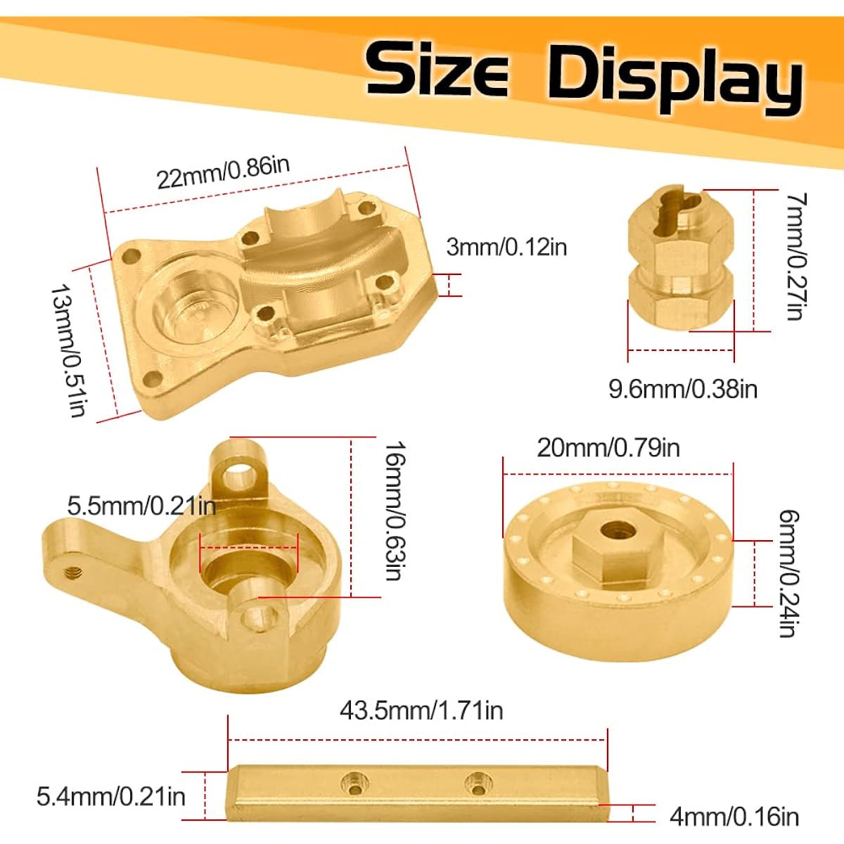 OGUNKE RC Brass 4pcs Wheel Weight Hex Adapter & 2pcs Diff Cover Diff Housing 2pcs Front Steering Knuckle 2pcs Extended 7mm Wheel Hex Hub 2pcs Boulder Bar Rail for Axial SCX24 AXI90081 RC Car