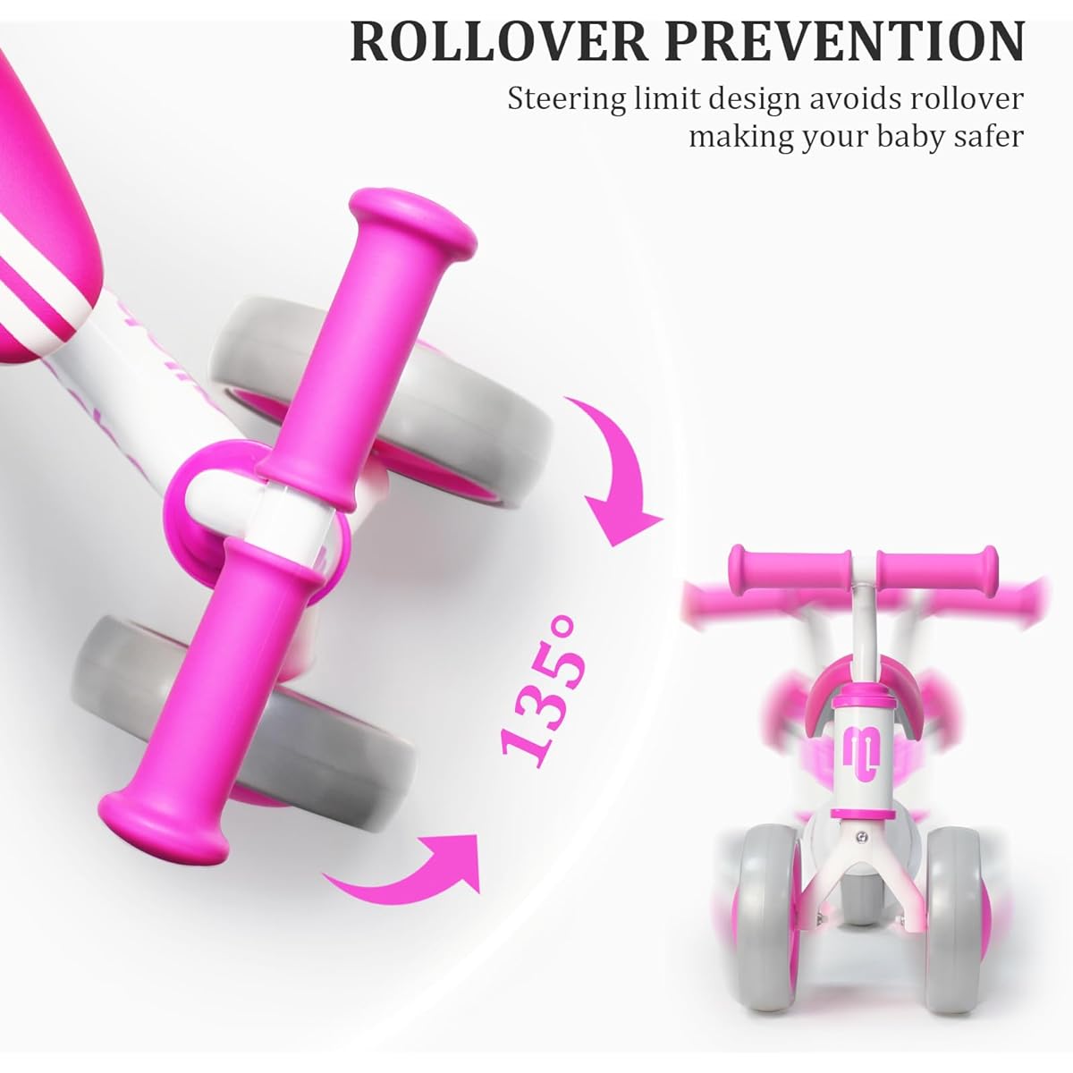 allobebe Baby Balance Bike, Cute Toddler Bike, Gift for 12-36 Months 1 Year Old Girl, Trains Baby from Standing to Running, Adjustable Seat, Quiet & Soft 3 Wheels (Rose)