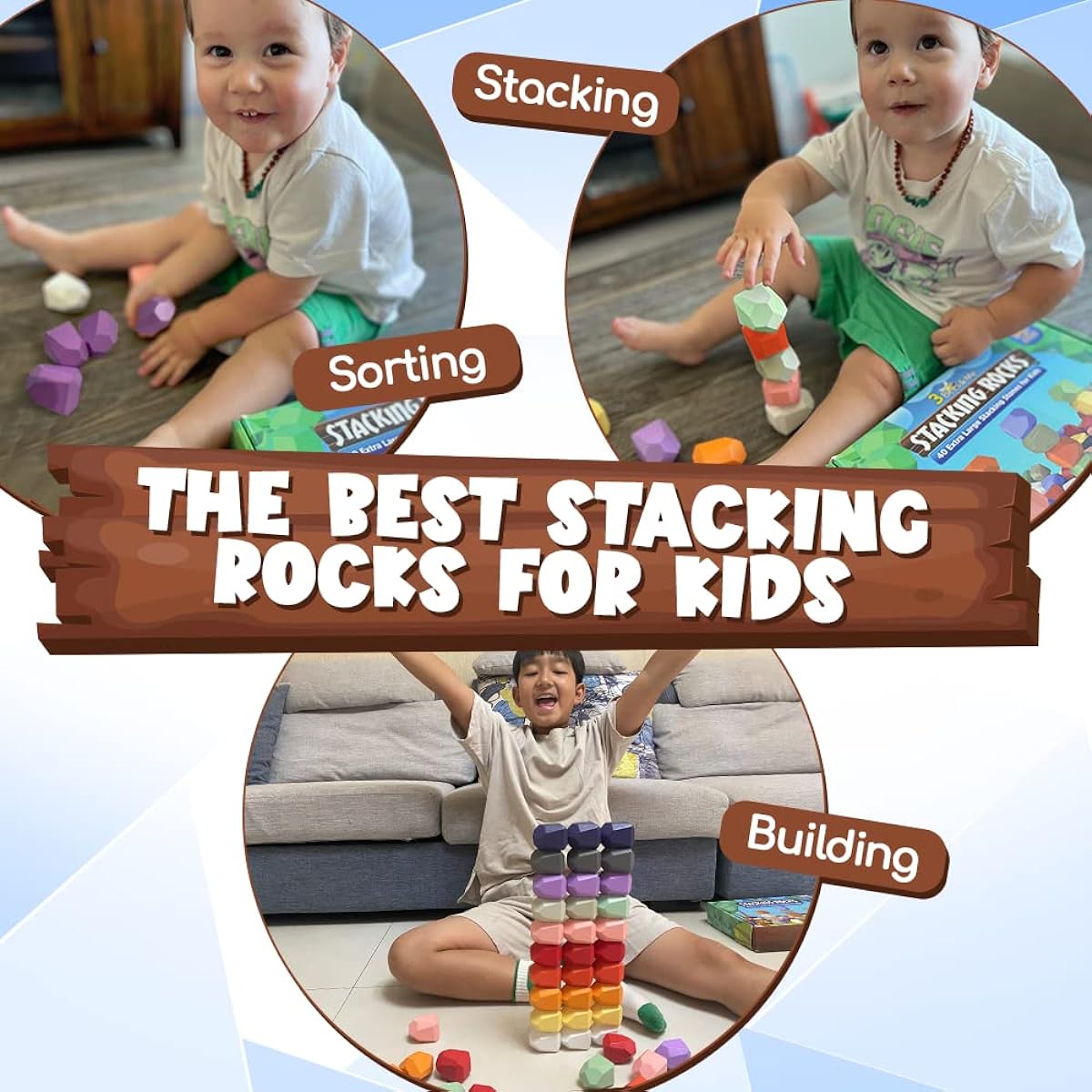 3 Bees & Me Wooden Stacking Rocks - 40 XL Balance Blocks & Stacking Stones for Kids & Toddlers - Sorting, Stacking, Building, Balance Stones Set Game Himiku Blocks Montessori Toys Lock Blocks