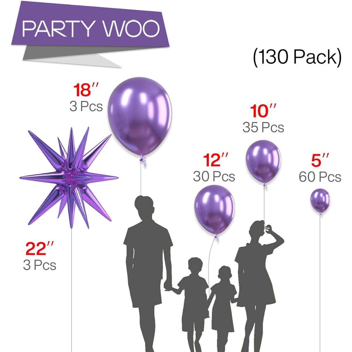 PartyWoo Metallic Purple Balloons 130 Pieces 22 Inch Star Balloons Purple Balloons Different Size Pack 18 Inch 12 Inch 10 Inch 5 Inch Balloon Garland for Balloon Arch Party Decoration