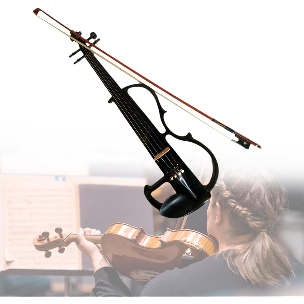 aternee Electric Violin Set Solid Wood Silent Electric Violin Stringed Instrument with Fittings and Hard Case for Beginners and Adults, Black
