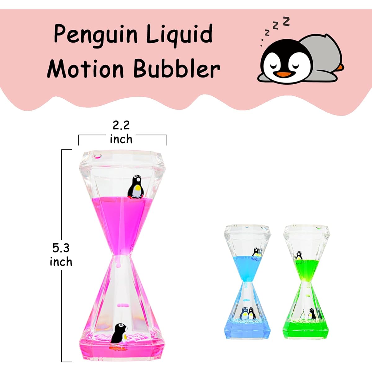 CAILINK 3 Pack Liquid Motion Bubbler Diamond Shape Penguin Liquid Timer Sensory Regeneration Fidget Toy Stress Management for Kids and Adults Colorful Calming Relaxing Hourglass