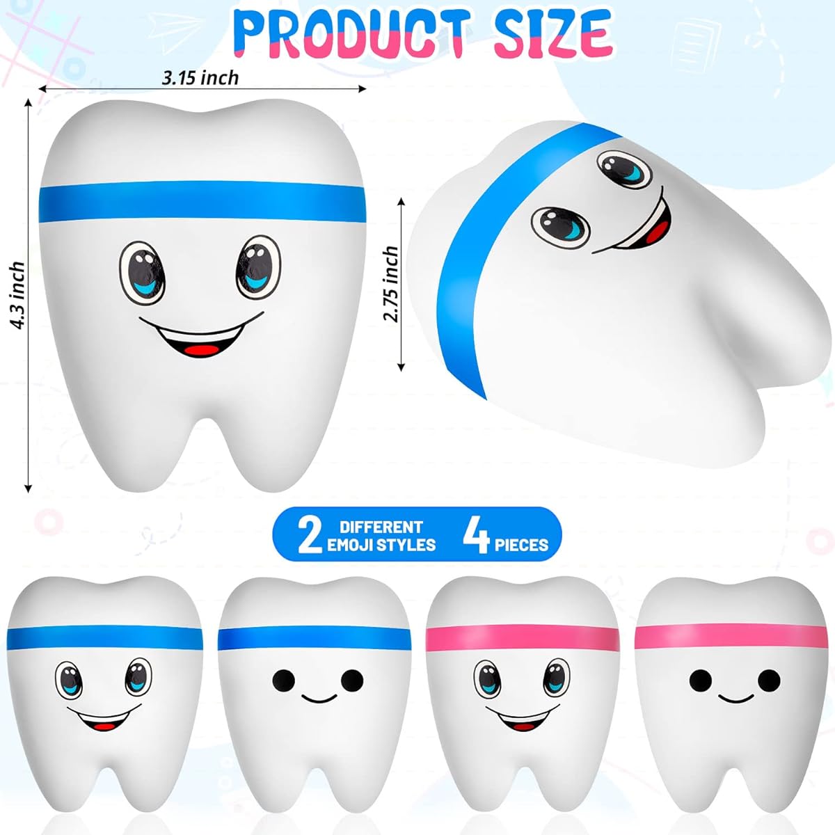 4 Teeth Stress Balls Slowly Rebounding Jumbo Cartoon Teeth Shaped Stress Balls for Adults Teeth Stress Balls for Adults Kids Party Favors