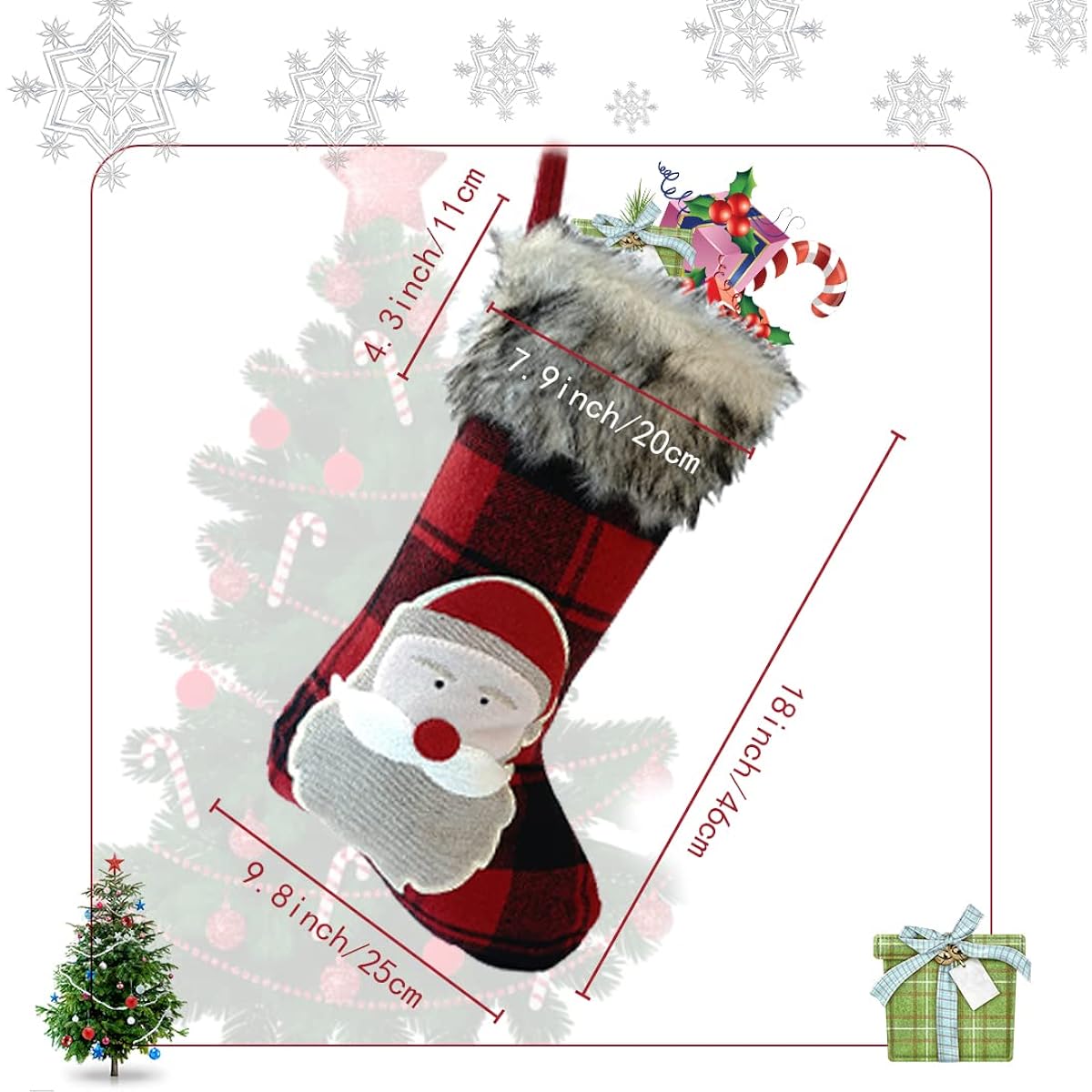 SVIMZAEN 4 Piece Christmas Stockings Set, 18 Inch Classic Red & Black Buffalo Checkered Christmas Stockings with Plush Faux Fur Cuffs for Family Holiday Christmas Party Decorations (Snowman/Santa/Reindeer/Farmhouse)