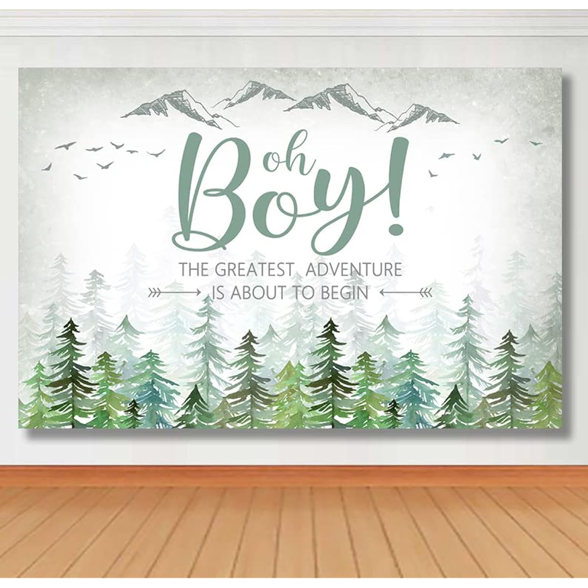 Lofaris 9x6ft Adventure Awaits Baby Shower Backdrop Oh Boy Forest Green Mountain Outdoor Hunting Trees Woodland Animal Background The Greatest Adventure is about Begin Newborn Baby Party Banner