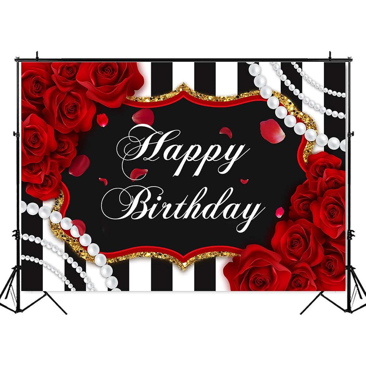 Avezano Red Rose Birthday Backdrop Floral Pearl Stripe Birthday Party Decoration Black White Striped Rose Women Birthday Party Banner Photo Backdrop (8x6ft)