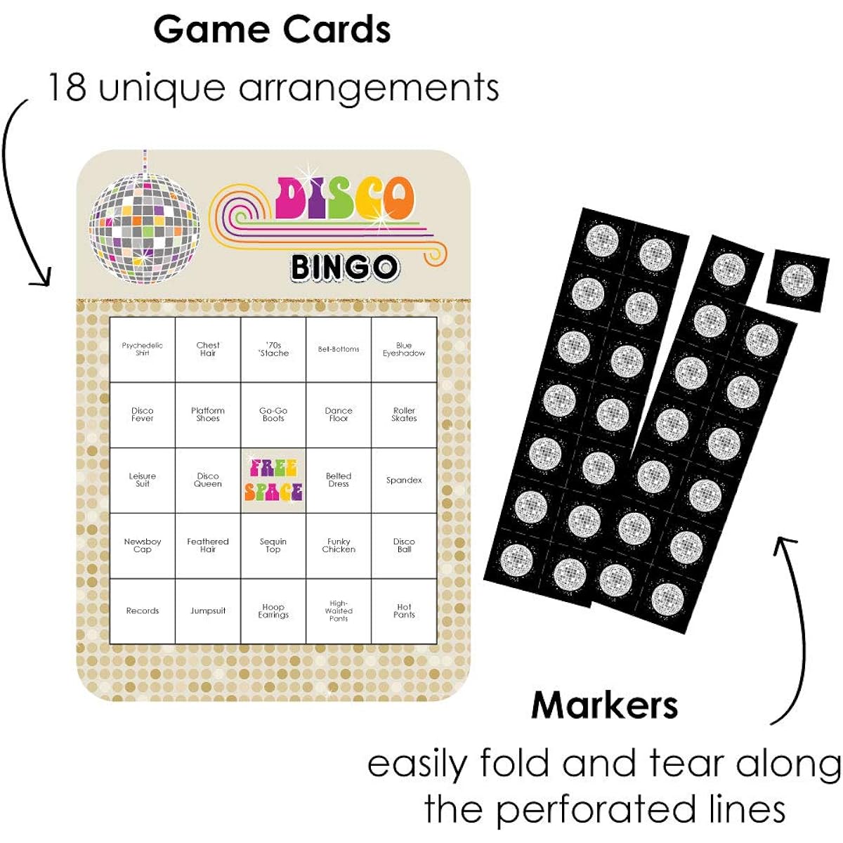 Big Dot of Happiness 70's Disco Bar Bingo Cards and Markers - 1970's Disco Fever Party Bingo Game - Set of 18