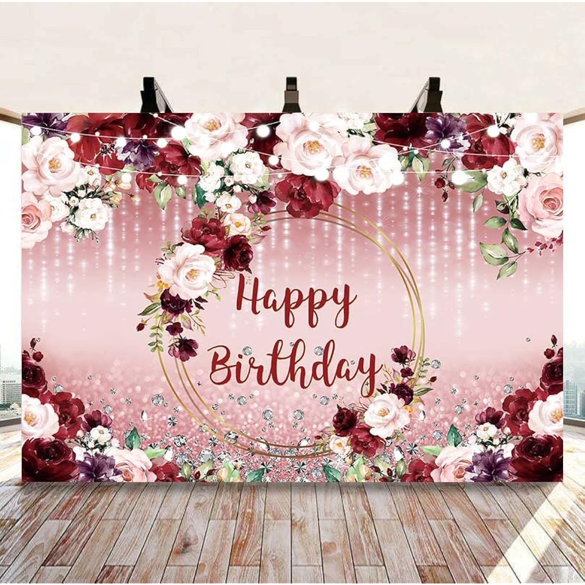 Floral Happy Birthday Backdrop for Women 7x5ft Burgundy Flower Rose Gold Glitter Bokeh Photography Background Girl Birthday Party Cake Table Decorations Photo Shoot Banner Props(84x60inch)