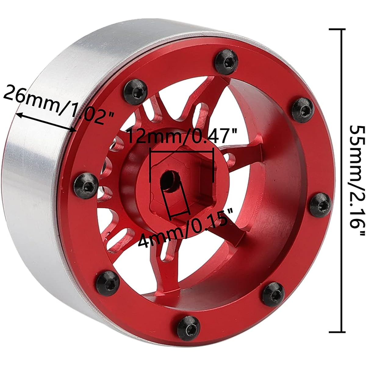 Newzoll RC Wheel Hub 4 Pieces Set 1.9" Aluminum Alloy Beadlock Wheel Hub Rim for 1/10 RC Car TRX4 SCX10 KM2 90046 Red