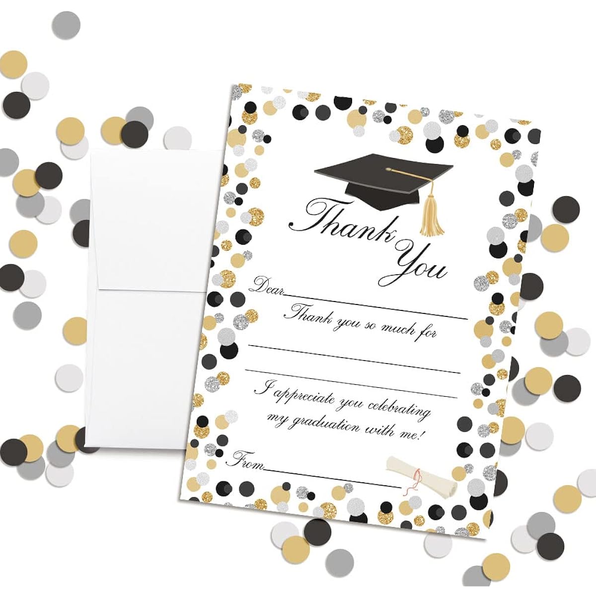 AmandaCreation Confetti Polka Dot Graduation Themed Thank You Notes 10 Sheets 4 x 5.5 Inch Blank Cards with 10 White Envelopes