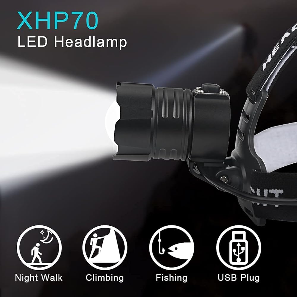 8000 lumen rechargeable headlamp, XHP70.2 super bright powerful LED headlamp, focus adjustment 3 modes waterproof headlight, power bank function for camping bike hiking