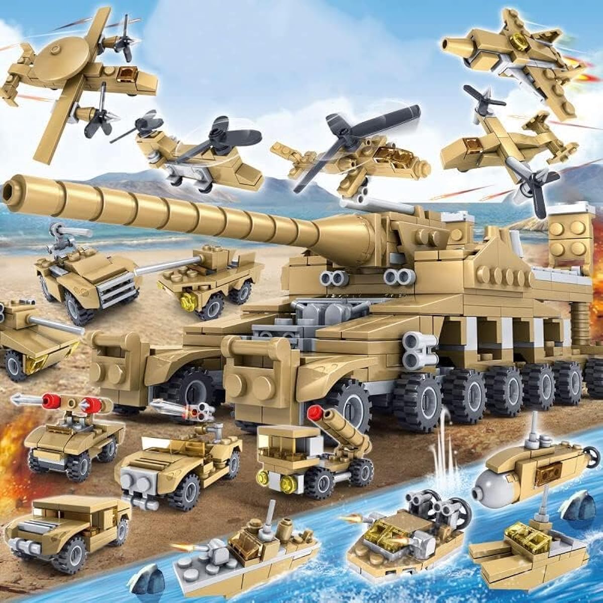 ENHANA 16 in 1 Building Blocks Army Tank Mammoth Tank Building Toy Set Tactical Vehicles Military Tank Truck Aircraft Helicopter Boat Submarine Missile Truck Building Block Set