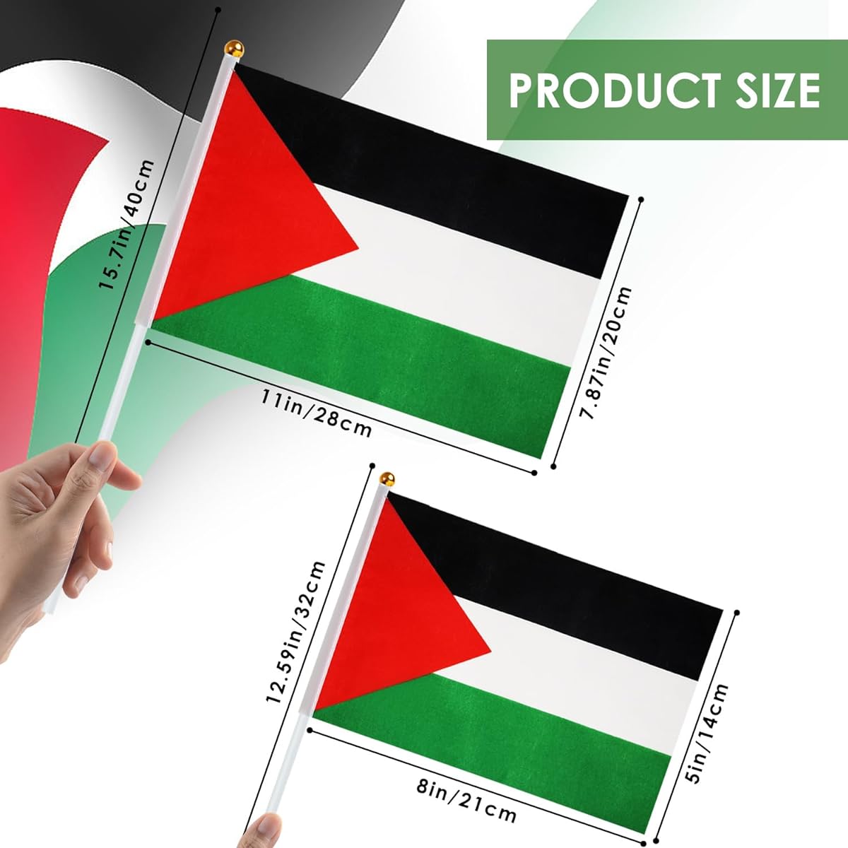 AhfuLife Palestine Flag with Stick 100 Pieces Handheld Palestinian Small Flag with 30cm White Pole National Party Festival Celebration Home Indoor Outdoor Decoration (14 x 21cm - 100 Pieces)