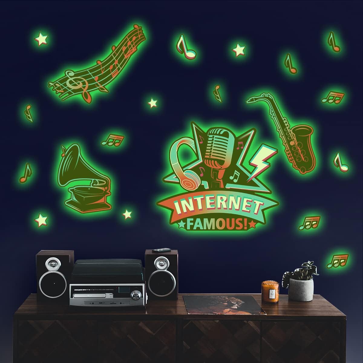 TOARTI Grow in the Dark Wall Sticker Luminous Music Wall Decal Instrument Sticker Piano Guitar Saxophone Drum Music Room Music Party Decoration