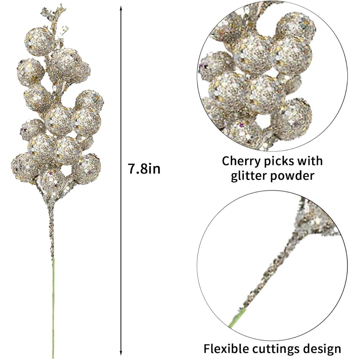 Saitec 15 Pack Christmas Glitter Berry Stems 7.8 Inch Artificial Christmas Picks for Christmas Tree Ornaments DIY Christmas Wreath Crafts Holiday Home Decorations (Silver)