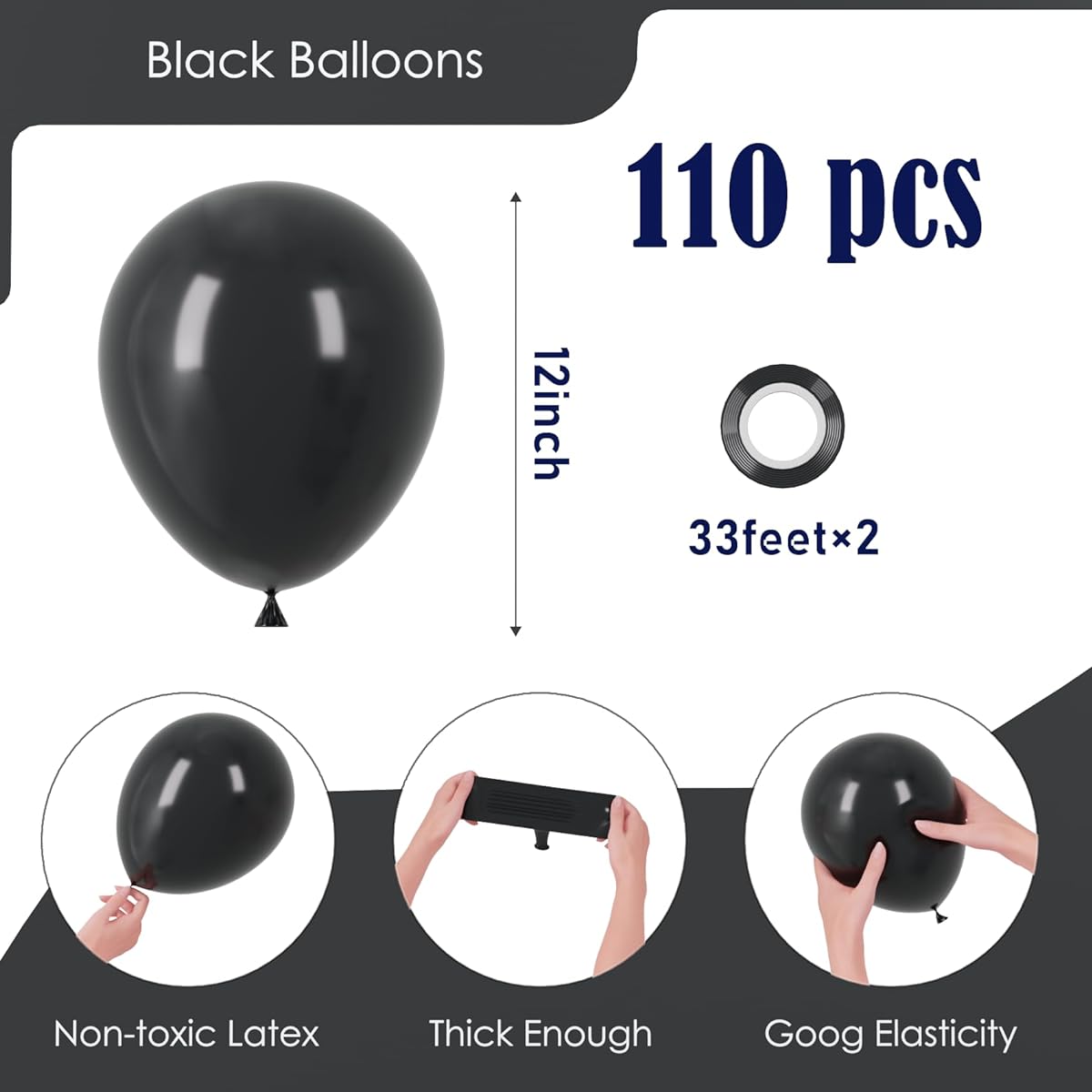 Kipommic 110pcs Black Balloons 12 Inch Matte Black Latex Party Balloons for Graduation Wedding Birthday New Year Baby Shower Anniversary Holiday Party Decorations