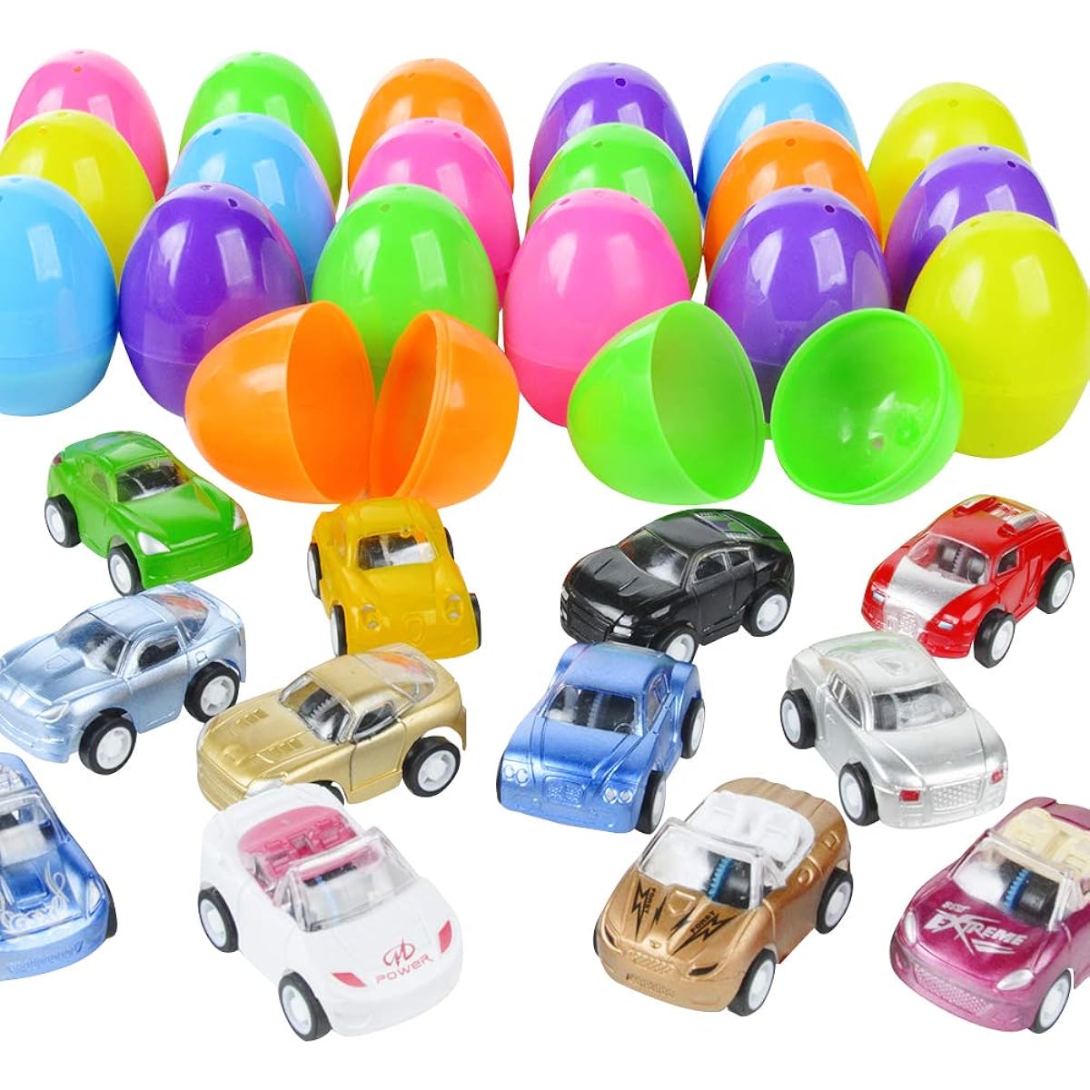 JOYIN Premium 24 Easter Eggs with Toy Cars, 2.25" Bright and Colorful Eggs with Pull Back Vehicles for Boys Kids, Easter Egg Hunt, Easter Basket Stuffers, Party Favors, Classroom Giveaways