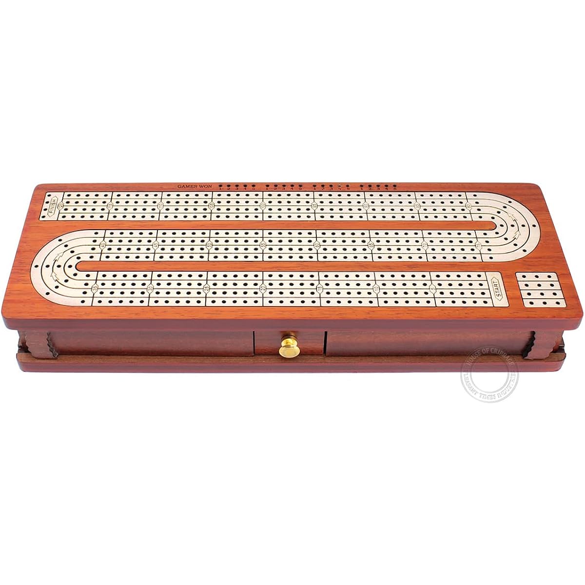 House of Cribbage - Continuous Cribbage Board, 4 Lines, Bloodwood/Maple, with Slide-out Lid and Drawer for Card & Peg Storage