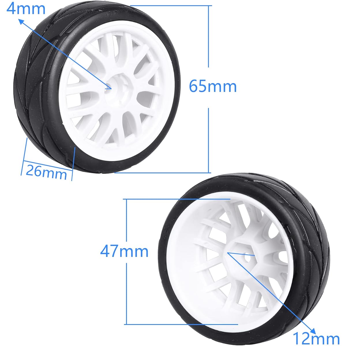 CrazyHobby Pre-Greed OD 2.5" 12mm Hex Wheel Rim & Rubber Tire 26mm 1/10 Scale On-Road Racing Car Drift RC Touring Car Set of 4 (Color H)