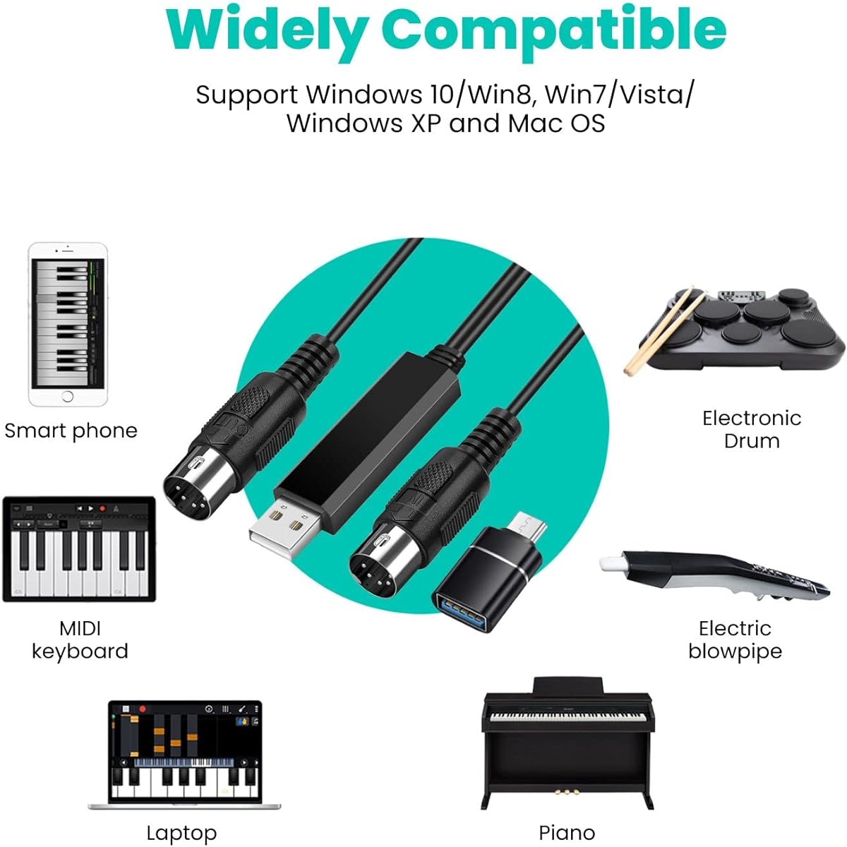 TNP Products Keyboard Synthesizer Piano Instrument MIDI OUT Cable Host Adapter Plug Controller Wire Cord for Mac Computer PC Windows Laptop Music Studio (6 FT) - USB Cable Interface Converter MIDI