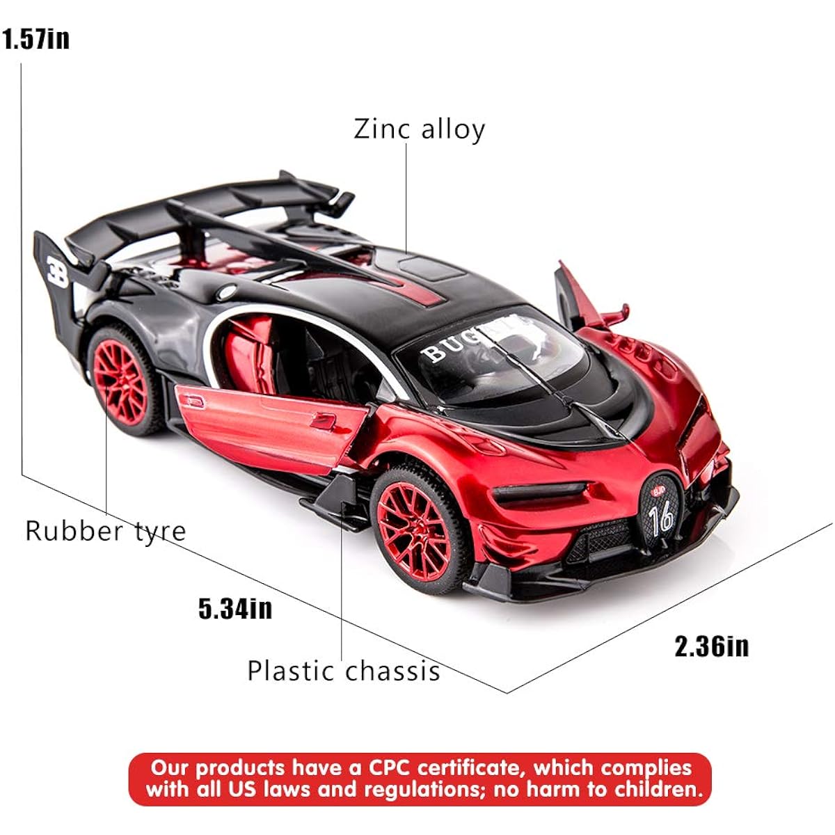 BDTCTK Bugatti Vision GT Supercar 1/32 Zinc Alloy Diecast Pull Back Car Model Toy with Sound and Light for Boys Girls Gift (Red)