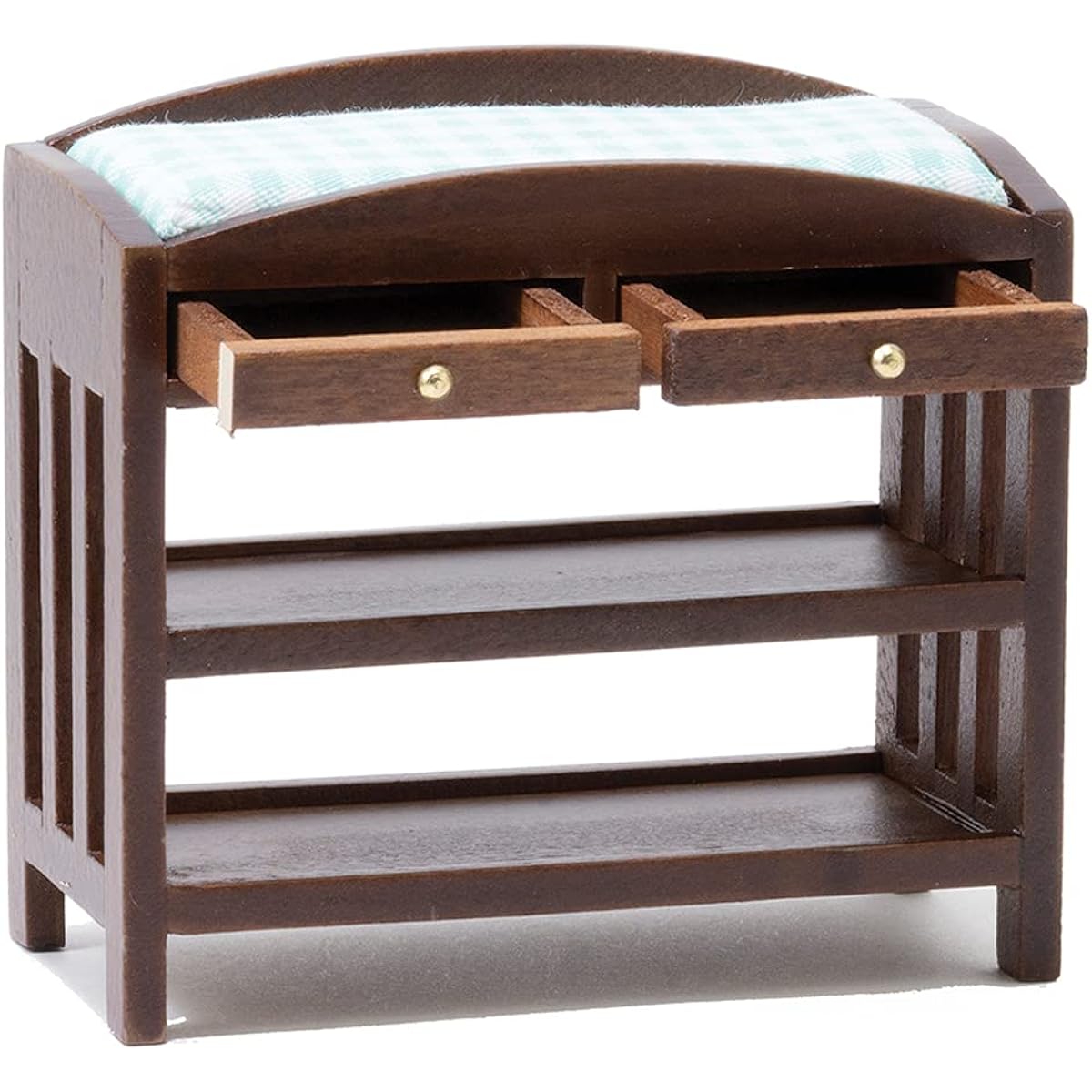 Dollhouse Miniature Slatted Changing Table with Mattress (Walnut Changing Table with Blue Mattress)