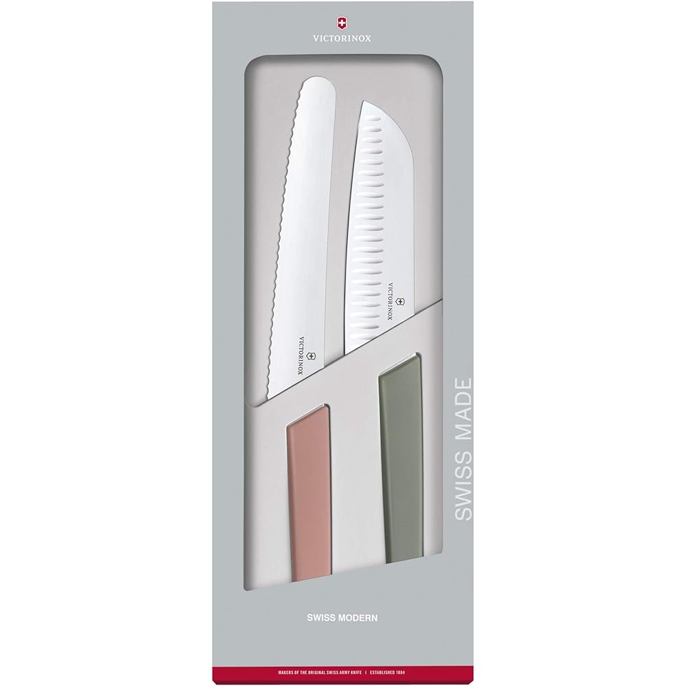 VICTORINOX Knife Set, Santoku Knife and Bread Knife Set of 2, Pizza Peel, Multicolor, Light and Sharp, Can Be Used on Various Foods, Dishwasher Safe, Swiss Modern, Comes in a Gift Box, 6.9096.22G