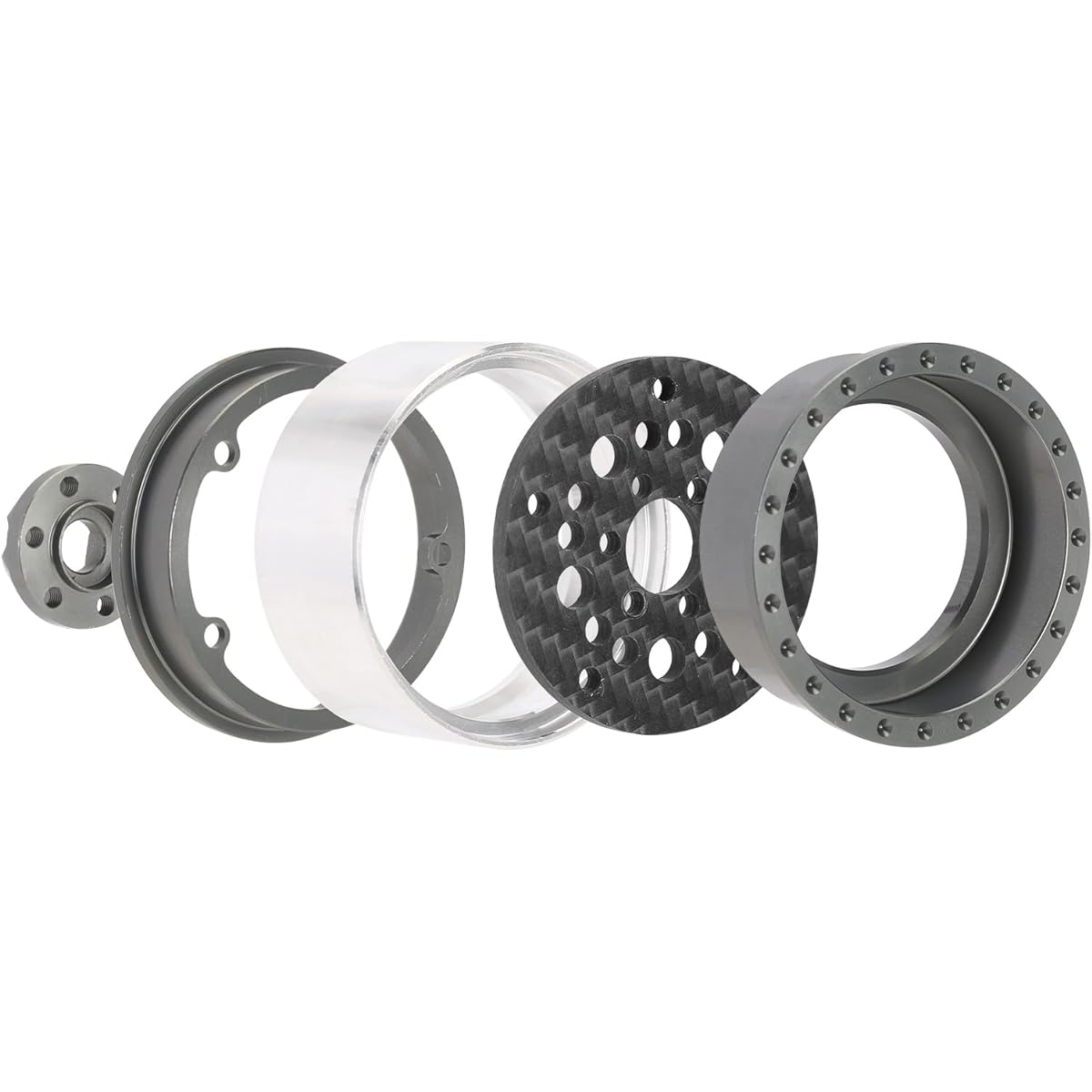 INJORA 1.9" Beadlock Wheel Rim - Offset - 10mm Deep Dish Carbon Fiber Aluminum Wheel for 1/10 RC Crawler SCX10 TRX4 VS4-10 Gen8 (Grey)