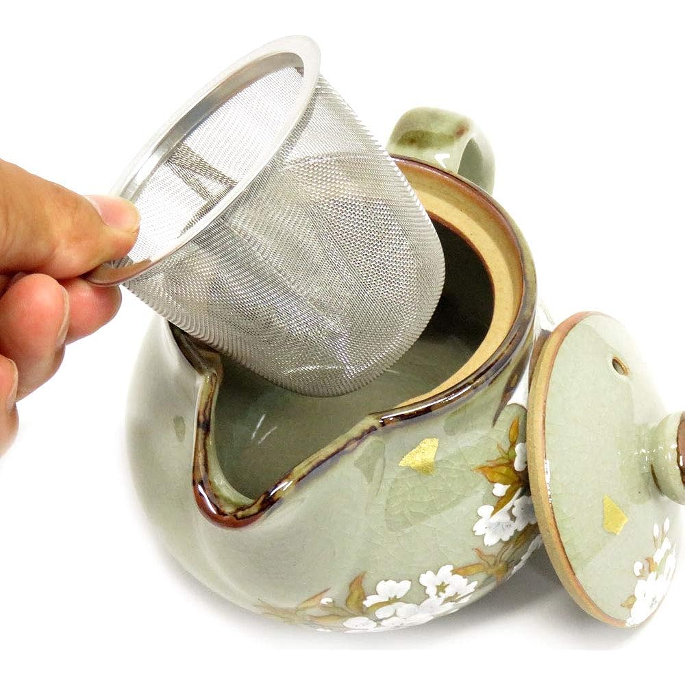 Kutani ware pottery teapot pot gold leaf mountain cherry and bird (with tea strainer)