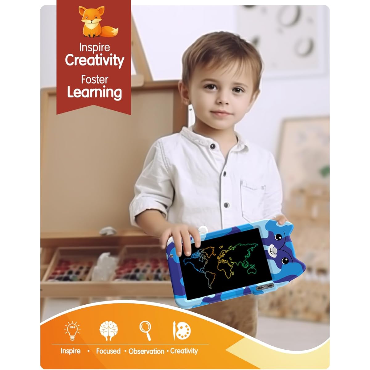 VNVDFLM 8.8 Fox Theme LCD Writing Tablet Doodle Board Kids Toy Gift for 3 4 5 6 7 8 Year Old Boys and Girls (Blue Camouflage)