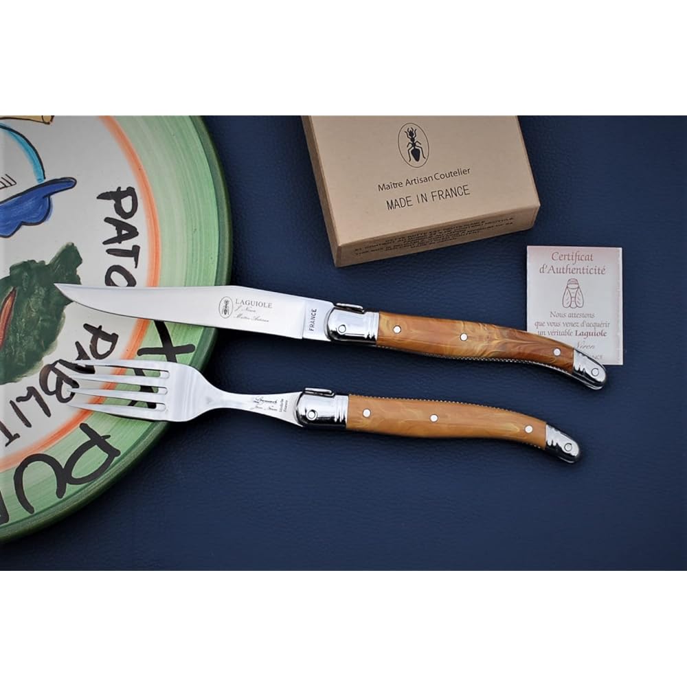 Raieur ABS handle 2.5mm dinner knife 2.0mm fork set gift boxed Made in France NERON Olive Marble