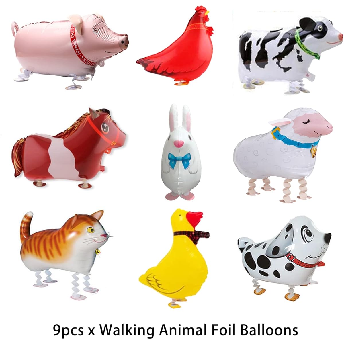 9 Pieces Walking Animal Balloons Farm Animal Foil Mylar Balloons for Birthday Party BBQ Party Decorations (Pony, Duck, Rooster, Cow, Pig, Sheep, Spotted Dog, Rabbit, Cat)