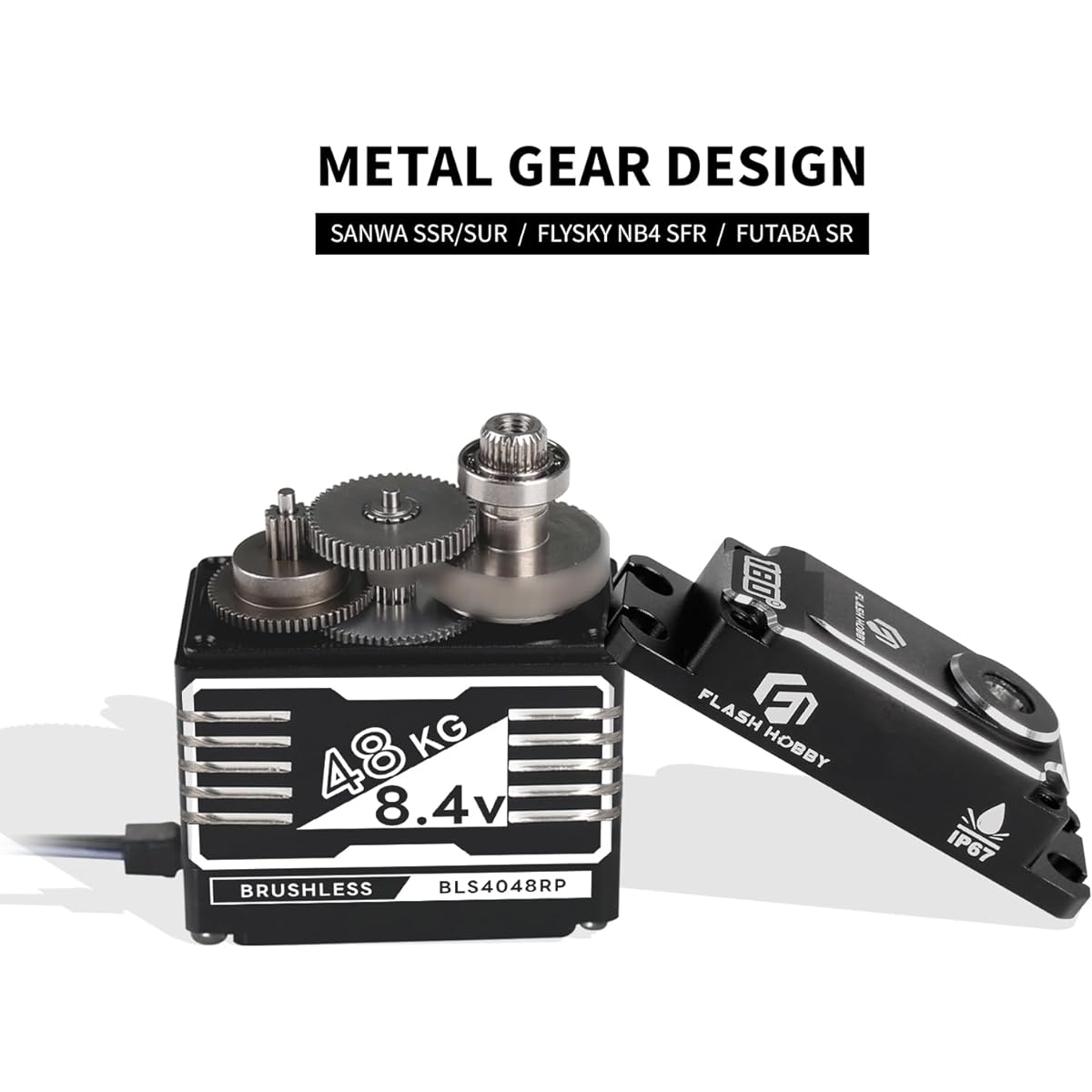 48kg High Torque Servo RC Brushless Servo with Full Metal Helical Gear IP67 Waterproof Servo Compatible with Sanwa SSR / NB4 / Futaba for 1/8 1/10 Scale RC Crawler Car Truck Robot Parts (180°)