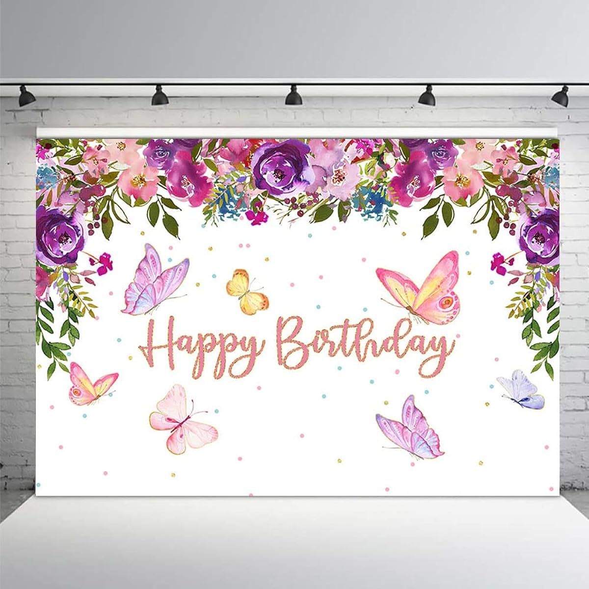 AIBIIN Butterfly Happy Birthday Backdrop Girls Purple and Pink Flowers and Butterflies Birthday Party Decorations Photography Background Cake Table Banner Photo Booth Props Vinyl 7x5ft