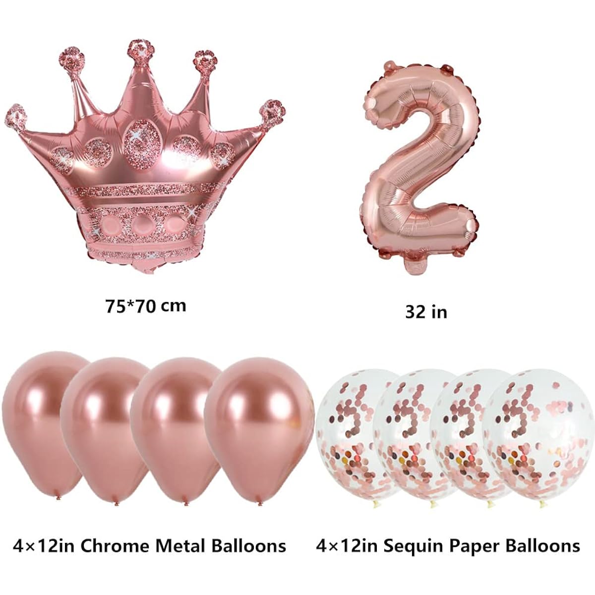 KUNGOON 2nd Birthday Balloons Rose Gold Number 2 Mylar Balloons Fun 2nd Birthday Crown Aluminum Foil Balloons for Baby Girls