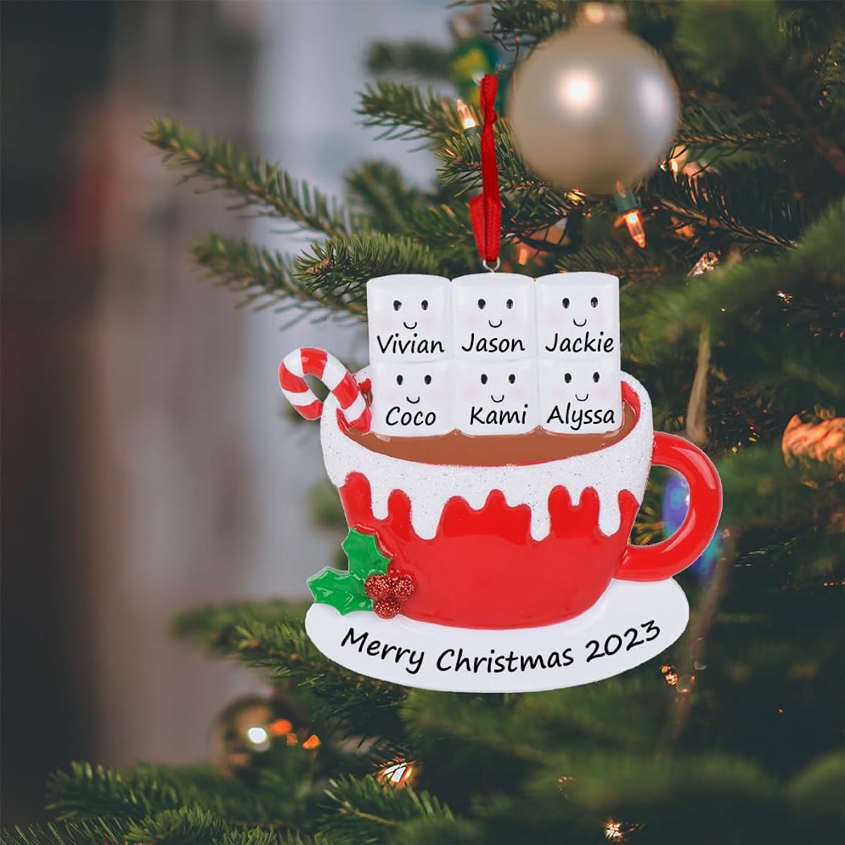 MAXORA Personalized Marshmallow Mug Family of 6 Christmas Ornament Resin Hot Chocolate Mug Cocoa Family Christmas Tree Ornament Keepsake Gift for Mom Dad Kids Friends Siblings