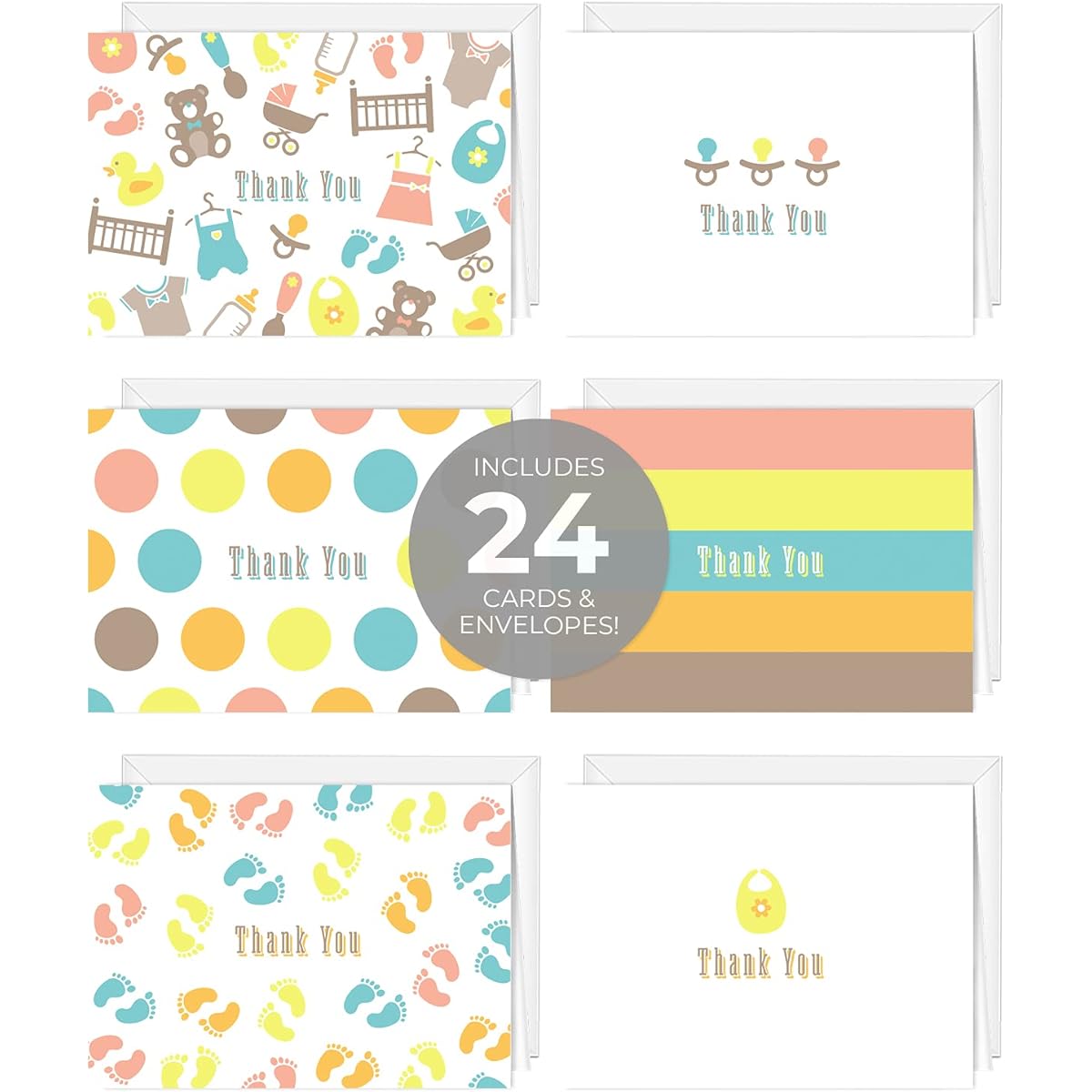 Traditional Pastel Thank You Greeting Cards / 24 Baby Shower Notecards with White Envelopes / 6 Adorable Gender Neutral Thank You Designs