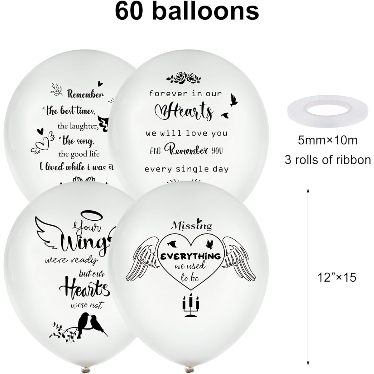 Auidy_6TXD 60 Pieces Memorial Balloons Released into the Sky Funeral Balloons Memorial Balloons Lanterns Latex Rest Peace Balloons with 3 Rolls Ribbon for Sympathy Anniversary Memorial Service