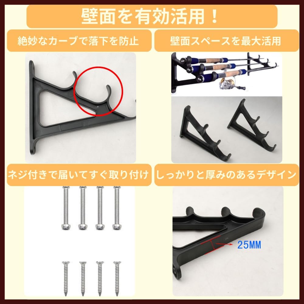 ideamall Rod Holder, Wall Hanging Type, Holds 3 Rods, Plastic (2 Pairs)