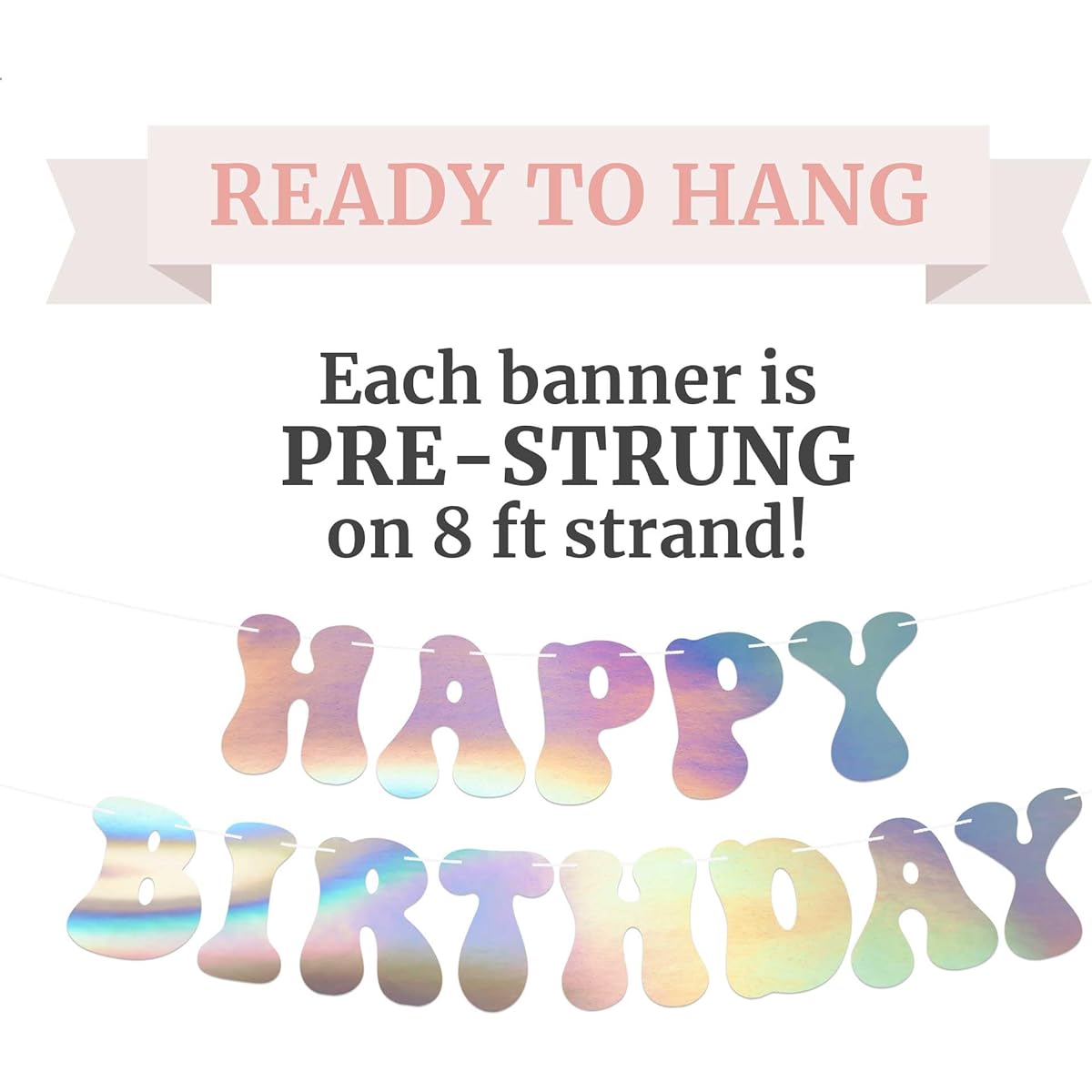 Pre-Gutted Happy Birthday Banner - No DIY Required - Iridescent Birthday Party Banner - Garland Strung on 8' Strands - Holographic Glossy Foil Birthday Party Decorations & Decorations. Retro 70's birthday. Did we mention no DIY
