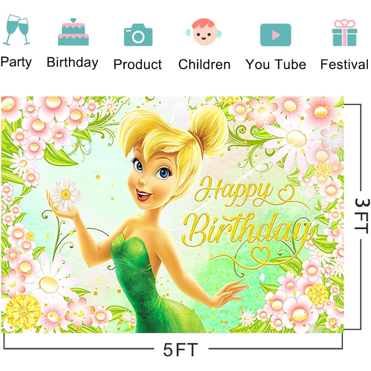 Green Tinkerbell Backdrop Birthday Party Supplies 5x3ft Fairy Photo Background Fairy Theme Baby Shower Banner for Birthday Cake Table Decoration