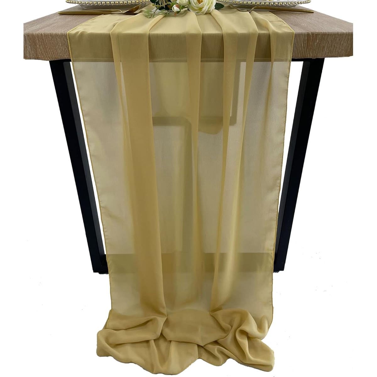 EH Linen 10ft Chiffon Table Runner 27x120inch Romantic Sheer Wedding Table Runner Top Table Bridal Party Decoration Champagne Gold 10ft