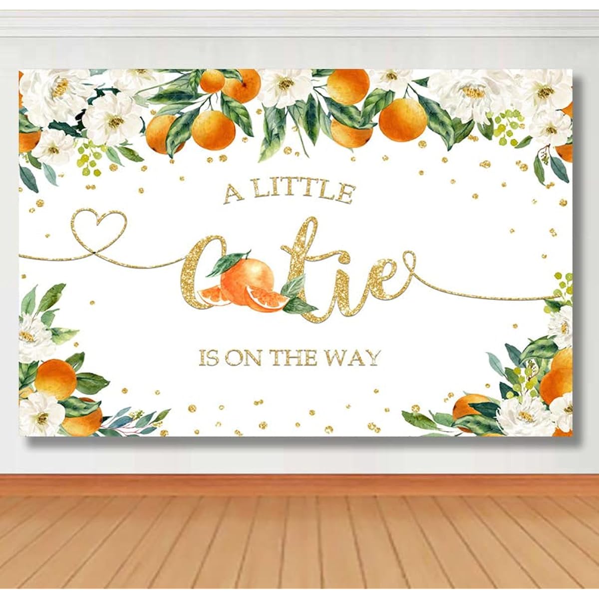 Lofaris A Little Cutie is On The Way Baby Shower Party Backdrop Citrus Orange Gender Reveal Backdrop Green Orange Floral Newborn Birthday Party Supplies Cake Table Banner 9x6ft