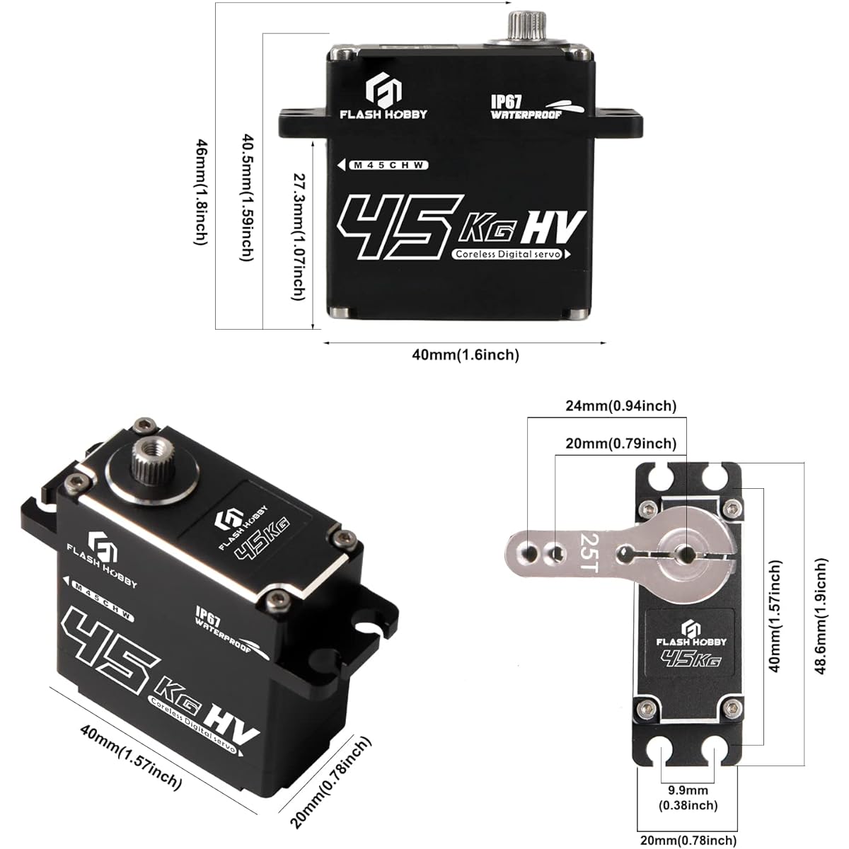 FLASH HOBBY 45KG Coreless Servo 8.4V High Torque All Metal Gear Servo IP67 Waterproof Steering RC Servo Control Angle 270° Fit for 1/10 Scale RC Car Truck Robot Parts (45KG-270°)