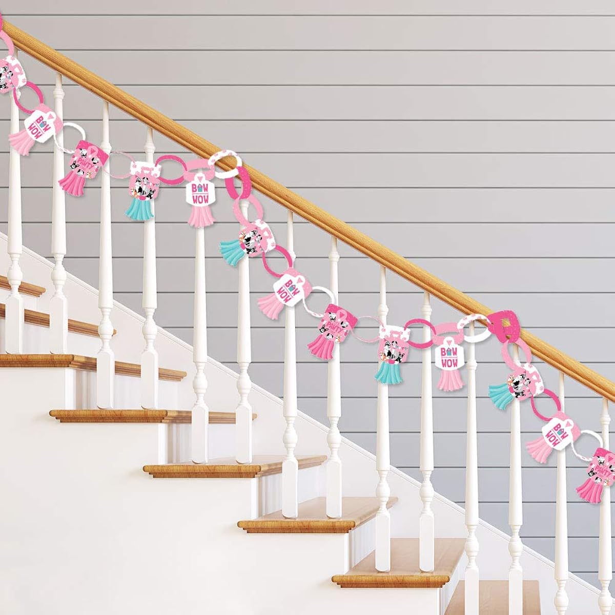 Big Dot of Happiness Pawty Like a Puppy Girl - 90 Chain Links and 30 Paper Tassels Decoration Kit - Pink Dog Baby Shower or Birthday Party Paper Chain Garland - 21 Feet