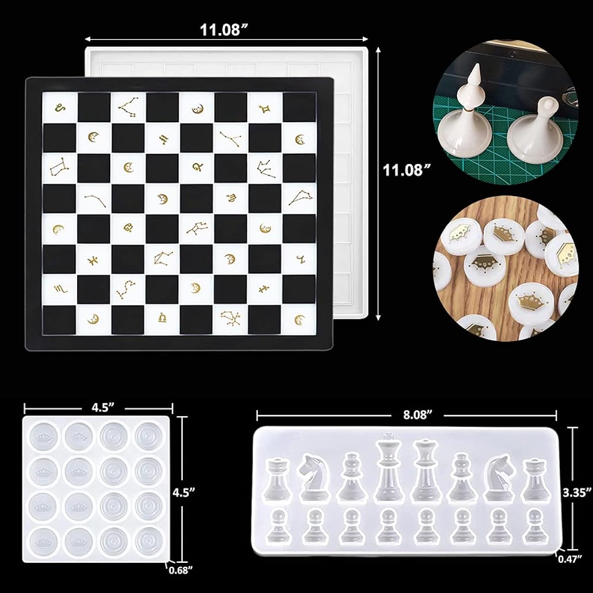 3 Pieces Chess Silicone Mold Resin Chess Set Mold 3D Checker Chess Mold for Resin Casting Epoxy Resin Mold DIY Chess Board Resin Mold for Making Board Game Supplies (3 Pieces)